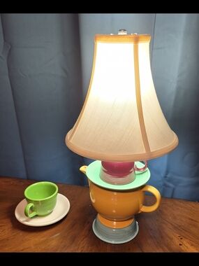 Fiestaware Upcycled Teapot,Cup, Saucer& Bowl Lamp in Yellow Green,Pink And Blue